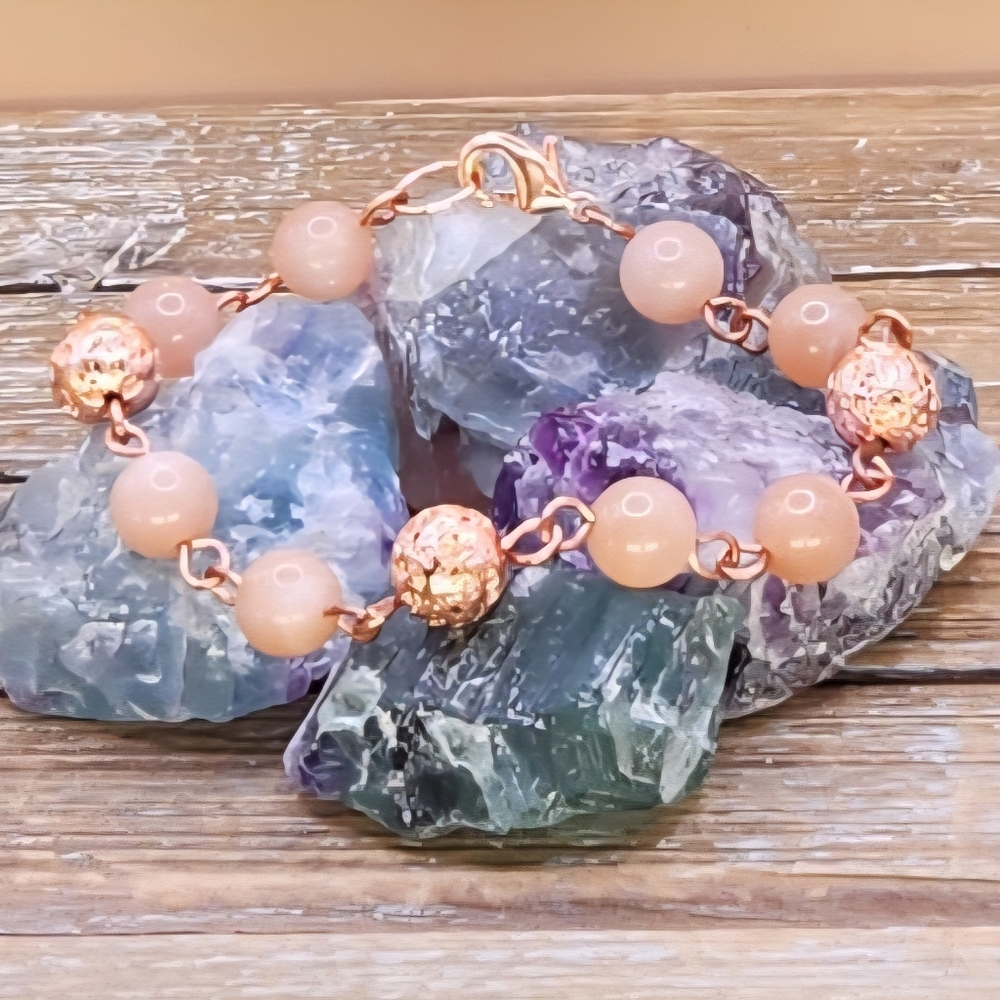 Sunstone and Copper Electroplated Lava Rock Linked Bracelet